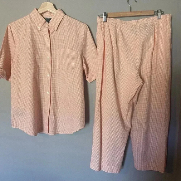 Ralph Lauren Coral Peach Gingham ButtonShort Sleeve Shirt Pants Set Size M /12 - Picture 12 of 16